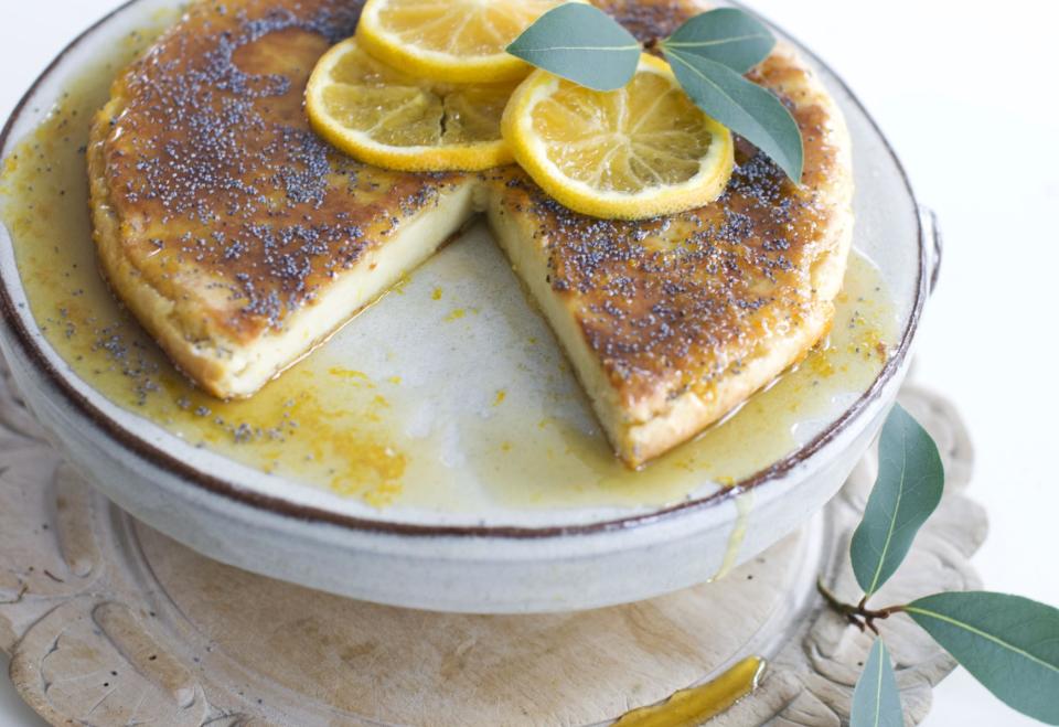 In this image taken on November 5, 2012, a Roman cheesecake with orange-scented honey is shown in Concord, N.H. (AP Photo/Matthew Mead)