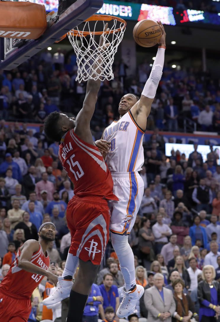 Russell Westbrook ended Wednesday's game against the Rockets with authority. (Associated Press)