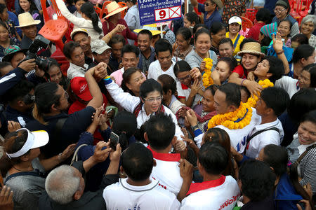 Sudarat Keyuraphan, (C) Pheu Thai Party and Prime Minister candidate greets her supporters during an election campaign in Ubon Ratchathani Province, Thailand, February 18, 2019. REUTERS/Athit Perawongmetha