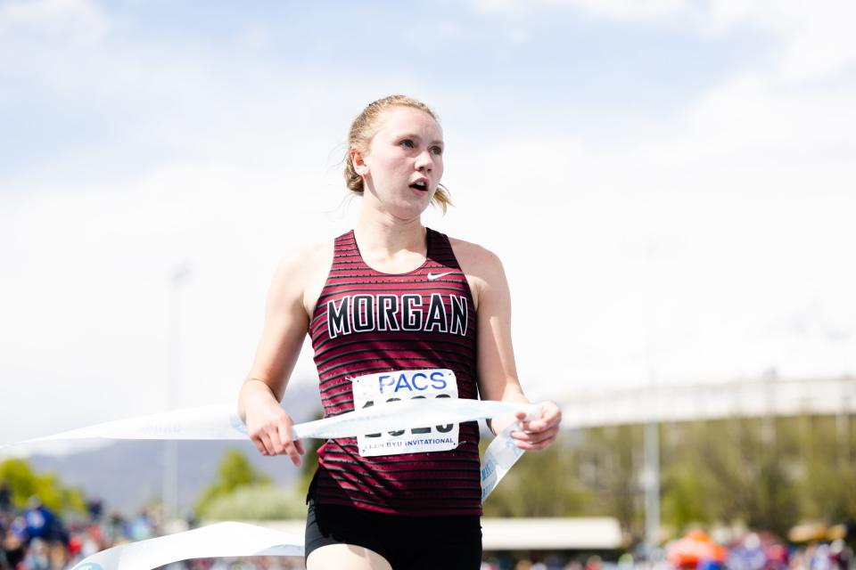 Morgan’s Brynn Leavitt finishes the girls 100-meter during the BYU Track Invitational at the Clarence F. Robison Outdoor Track & Field in Provo on May 6, 2023. | Ryan Sun, Deseret News