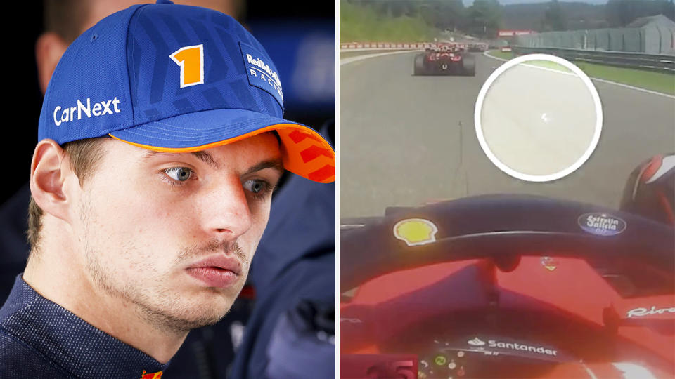 Max Verstappen is pictured left, and a screenshot showing a visor tearoff which lodged in Charles Leclerc's brake duct is on the right.