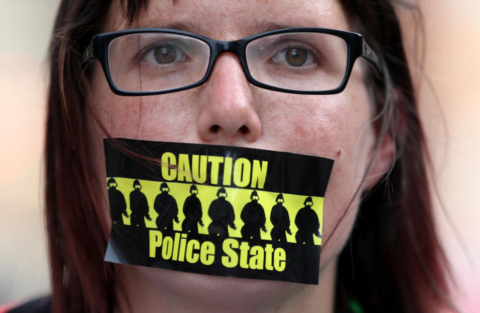 Demonstrators protest outside the RNC