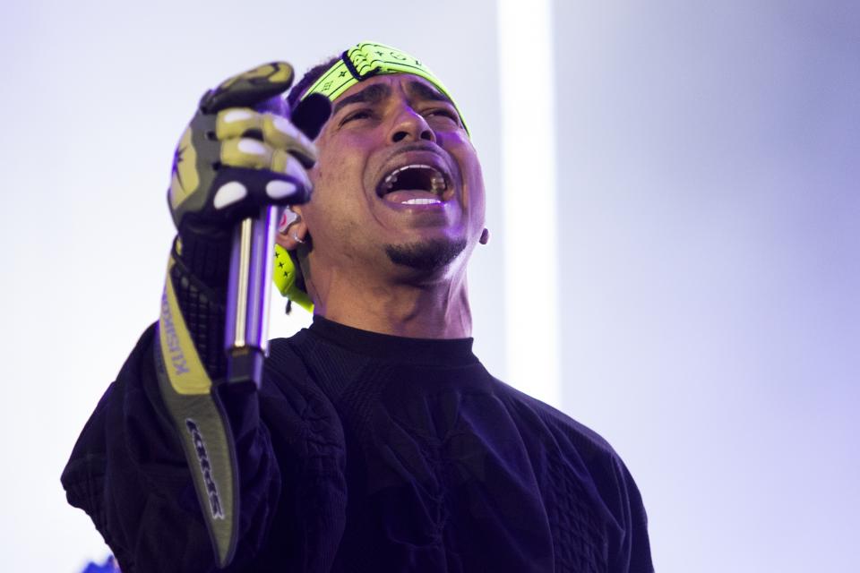 El cantante puertorriqueño Ozuna durante su concierto en el Coca-Cola Flow Fest de la Ciudad de México el domingo 26 de noviembre de 2023. (Foto AP/Alejandro Godínez)