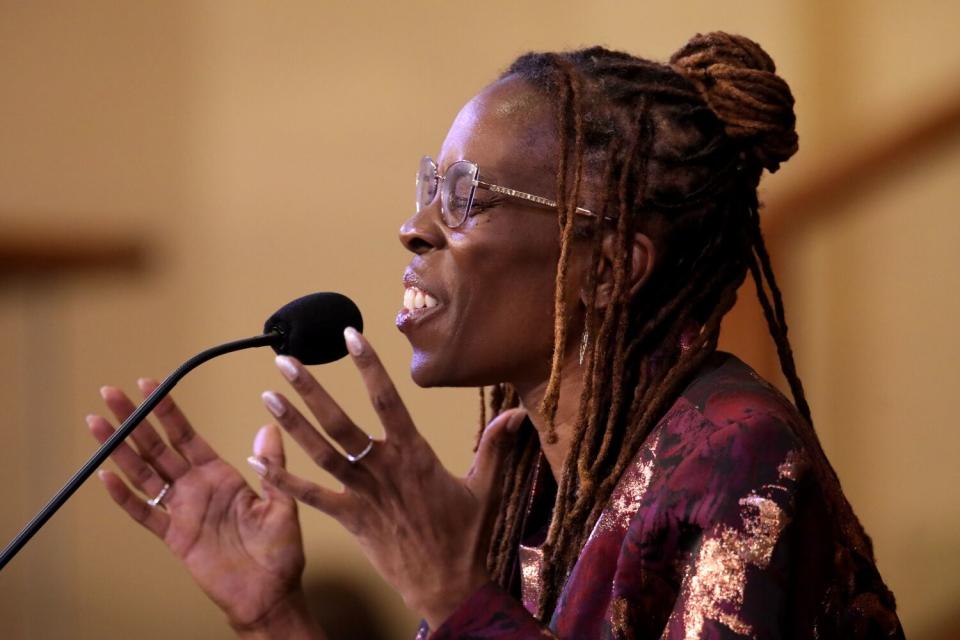 Pastor Thema Bryant preaches at First African Methodist Episcopal Church.