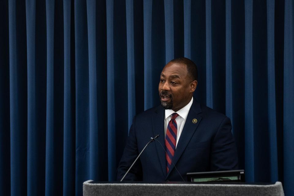 Myron Byrd, Federal Bureau of Investigation Acting special agent in charge of the Phoenix Field Office, attends a press conference recapping election threat cases at the United States Attorney's Office District of Arizona in Phoenix on Aug. 31, 2023.