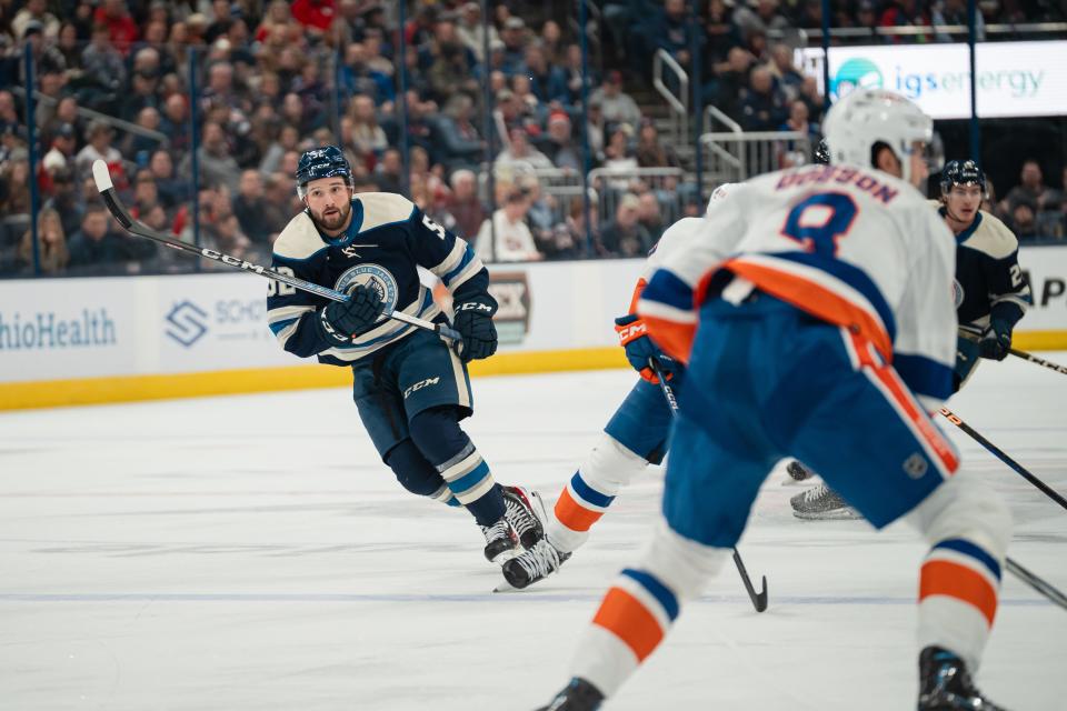 Oct 28, 2023; Columbus, Ohio, United States;
Columbus Blue Jackets right wing Emil Bemstrom (52) races down the ice to get to the puck during the first period of their game against the New York Islanders on Saturday, Oct. 28, 2023 at Nationwide Arena.