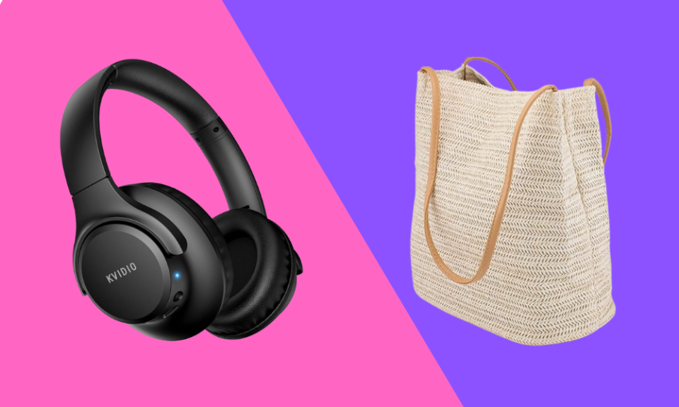 headphones, beach bag