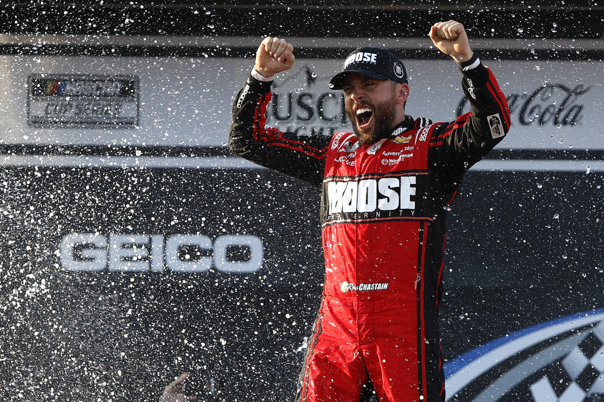 TALLADEGA, ALABAMA - APRIL 24: Ross Chastain, driver of the #1 Moose Fraternity Chevrolet, celebrates in victory lane after winning  the NASCAR Cup Series GEICO 500 at Talladega Superspeedway on April 24, 2022 in Talladega, Alabama. (Photo by Sean Gardner/Getty Images)