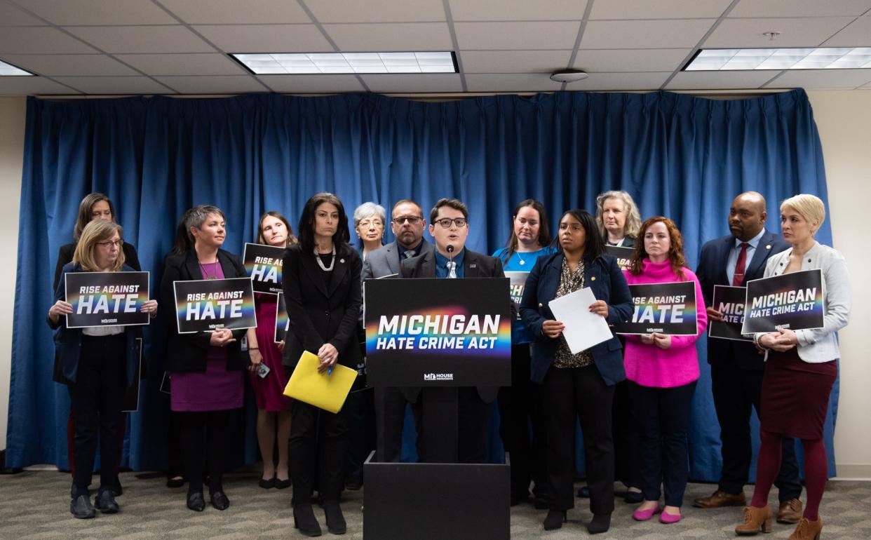 Rep. Noah Arbit, (D-West Bloomfield), speaks Wednesday, April 26, 2023, about hate crime reform, during a press conference in the Anderson House Office Building.