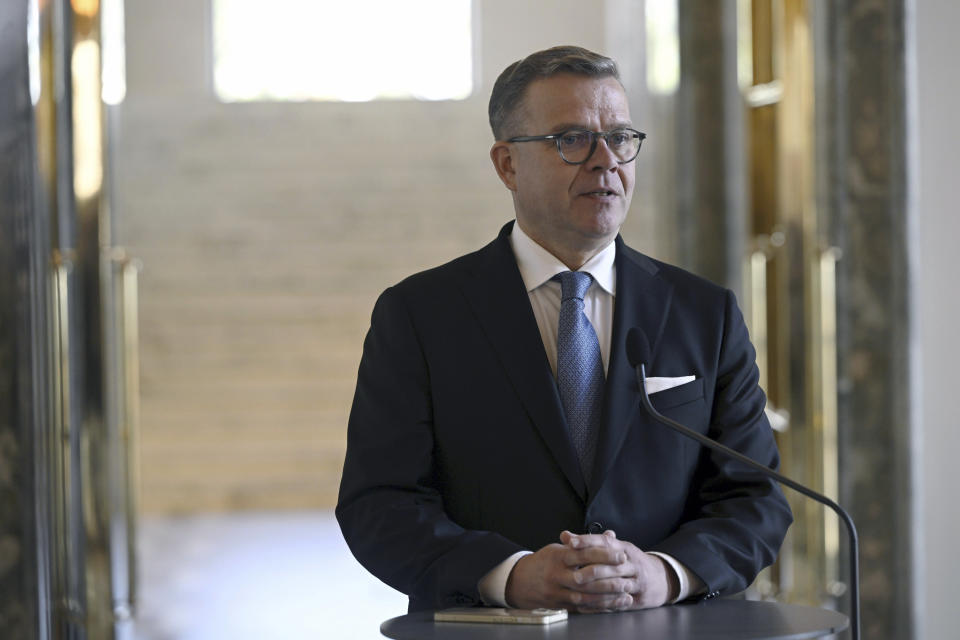 National Coalition Party chair Petteri Orpo speaks during his press conference after the parliament elected him as a new Prime Minister, at the Finnish Parliament in Helsinki, Finland, Tuesday June 20, 2023. (Antti Aimo-Koivisto/Lehtikuva via AP)