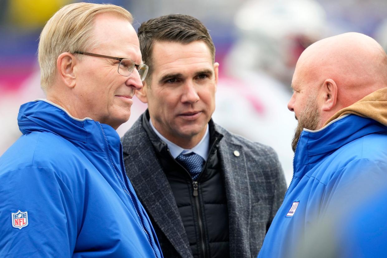 President of the New York Giants, John Mara (left) and New York Giants General Manager, Joe Schoen, speak with New York Giants Head Coach, Brian Daboll, at MetLife Stadium before their team hosts the New England Patriots, Sunday, November 26, 2023.