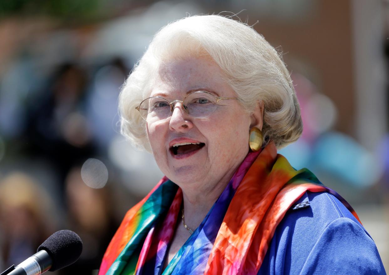 Attorney Sarah Weddington speaks during a women's rights rally on Tuesday, June 4, 2013, in Albany, N.Y. Weddington, who at 26 successfully argued the landmark abortion rights case Roe v. Wade before the U.S. Supreme Court, died Sunday, Dec. 26, 2021. She was 76. 