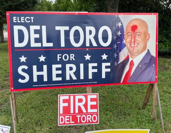 Someone vandalized this campaign sign for Richard Del Toro, a Republican candidate for St. Lucie County sheriff, on Port St. Lucie Boulevard last week. Del Toro said some of his other campaign signs were marked with red Xs through them. Port St. Lucie police are investigating.