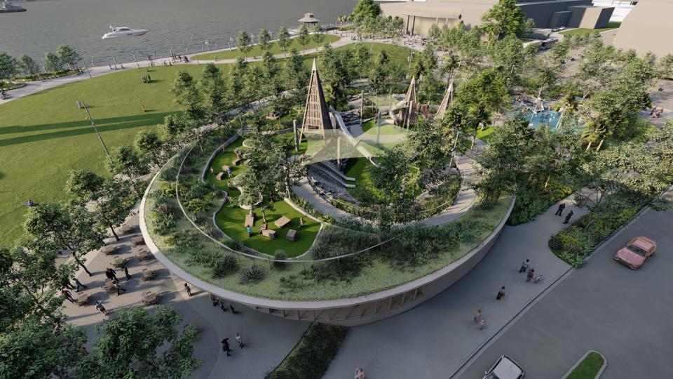 A rendering shows an aerial view of the plans for Riverfront Park at the site of the former Jacksonville Landing.