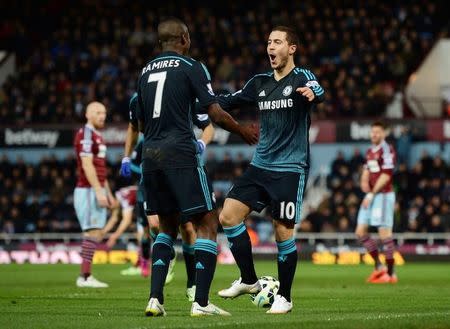 West Ham United v Chelsea - Barclays Premier League - Upton Park - 4/3/15 Eden Hazard celebrates with Ramires after scoring the first goal for Chelsea Action Images via Reuters / Tony O'Brien Livepic