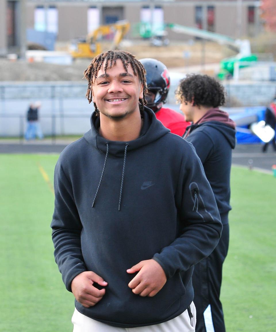 Former Durfee star running back Jason Hall, at Durfee's 2021 Thanksgiving Day game. Hall will played his final season at Suffield Academy private preparatory school in fall before heading to Division I Villanova in 2023.
