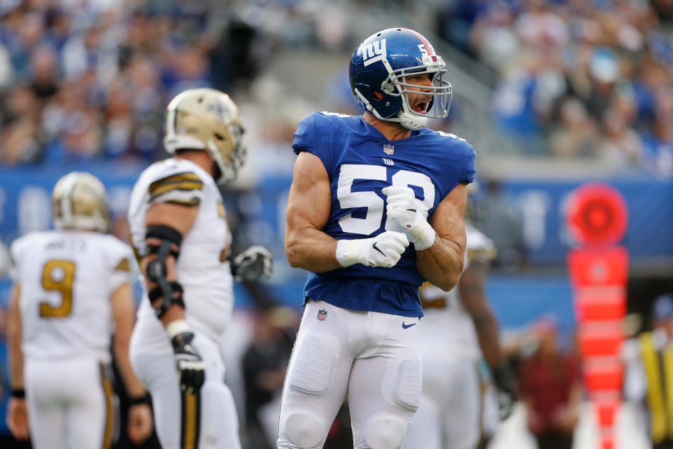 EAST RUTHERFORD, NJ - SEPTEMBER 30:  (NEW YORK DAILIES OUT)   Connor Barwin #53 of the New York Giants in action against the New Orleans Saints on September 30, 2018 at MetLife Stadium in East Rutherford, New Jersey. The Saints defeated the Giants 33-18.  (Photo by Jim McIsaac/Getty Images)