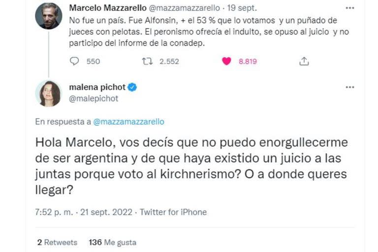 "¿Vos decís que no puedo enorgullecerme de ser argentina porque voto al kirchnerismo?", le preguntó Malena Pichot a Marcelo Mazzarello en su intercambio de tuits