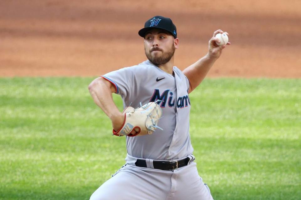 NEW YORK, NEW YORK - AUGUST 25: Daniel Castano #72 of the Miami Marlins pitches in the first inning against the New York Mets at Citi Field on August 25, 2020 in New York City. (Photo by Mike Stobe/Getty Images)