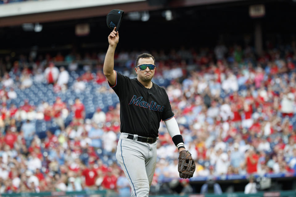 Miami Marlins' Martin Prado tips his cap to the crowd during the ninth inning of a baseball game against the Philadelphia Phillies, Sunday, Sept. 29, 2019, in Philadelphia. (AP Photo/Matt Slocum)