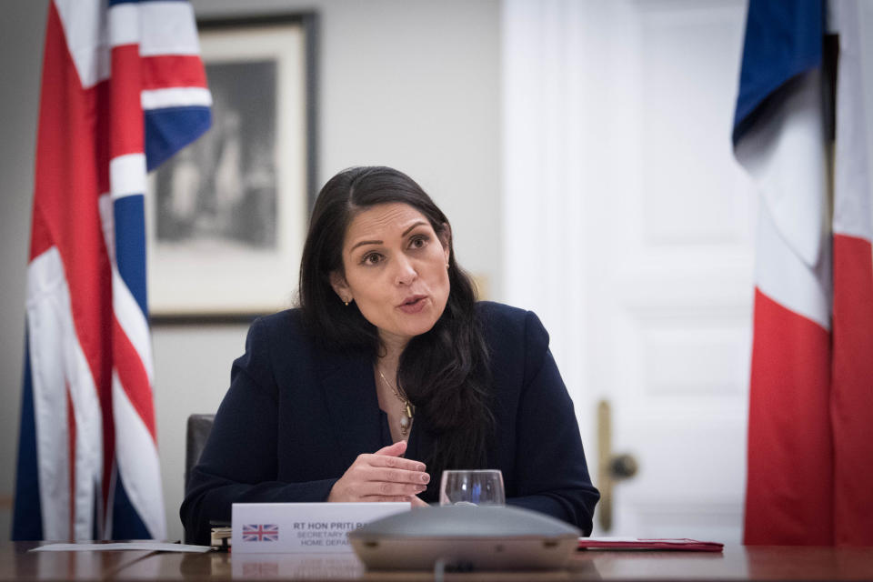 Home Secretary Priti Patel at the Home Office in central London, where she signed a new agreement with her French counterpart Gerald Darmanin aimed at curbing the number of migrants crossing the English Channel in small boats. (Photo by Stefan Rousseau/PA Images via Getty Images)