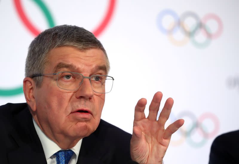 IOC President Bach attends a news conference in Lausanne