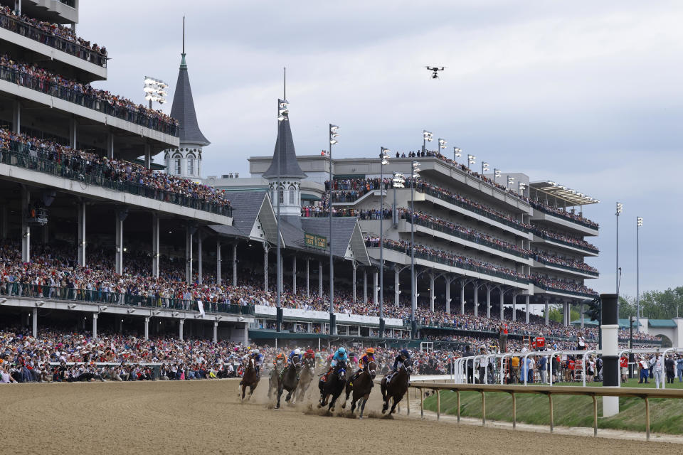 The field rounds turn one during the 149th running of the Kentucky Derby at Churchill Downs on May 6, 2023, in Louisville, Kentucky. / Credit: Joe Robbins/Icon Sportswire via Getty Images