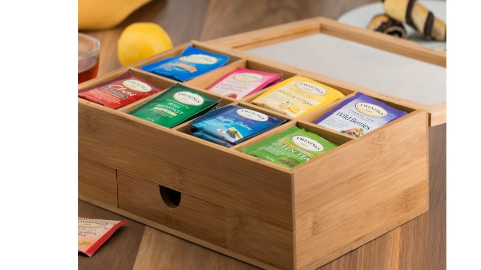 Premium Bamboo Tea Box Organizer. (Image via Amazon)