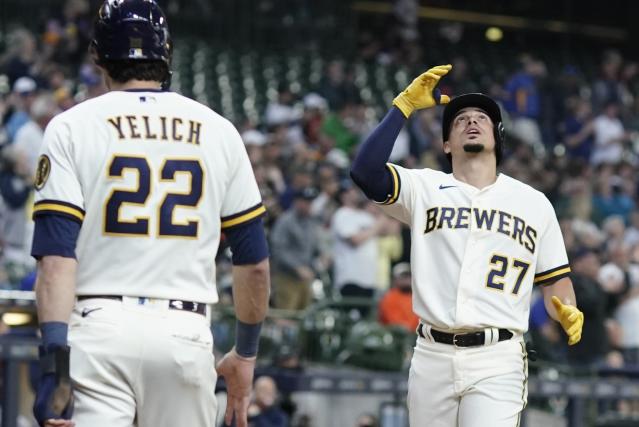 Milwaukee Brewers' Willy Adames reacts after hitting a two-run home run during the first inning of a baseball game against the Houston Astros Wednesday, May 24, 2023, in Milwaukee. (AP Photo/Morry Gash)