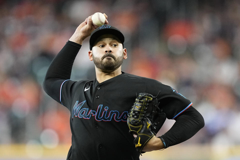 Miami Marlins starting pitcher Pablo Lopez throws against the Houston Astros during the first inning of a baseball game Friday, June 10, 2022, in Houston. (AP Photo/David J. Phillip)