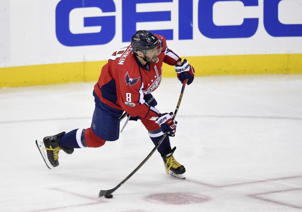 Washington Capitals left wing Alex Ovechkin (8), of Russia, winds up for a shot during the second period of an NHL hockey game against the Pittsburgh Penguins, Wednesday, Jan. 11, 2017, in Washington. (AP Photo/Nick Wass)