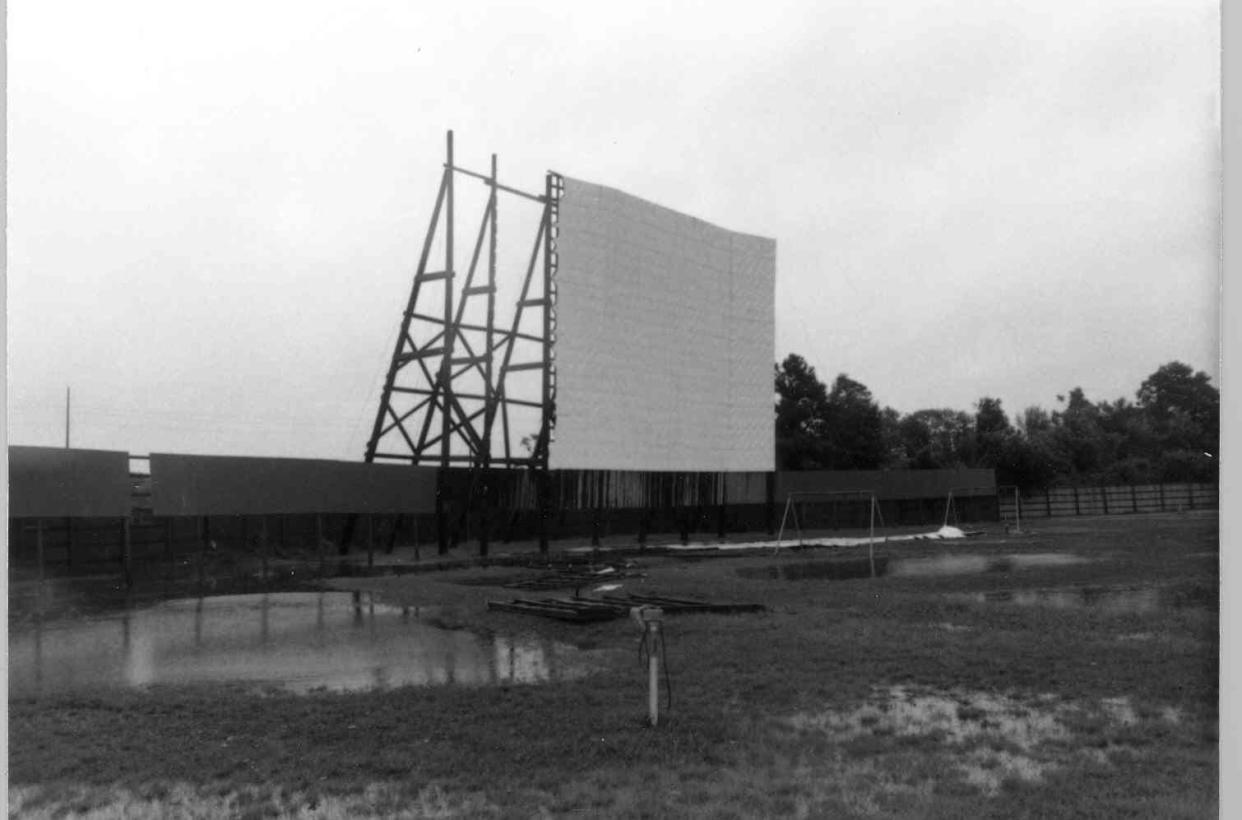 Screen at the old Starway drive-in theater on Carolina Beach Road in Wilmington, after it was damaged by Hurricane Diana in 1984.