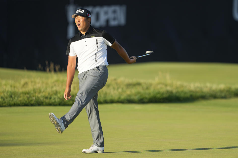 Ryutaro Nagano reacts after missing a putt on the 18th hole during the third round of the U.S. Open golf tournament at Los Angeles Country Club on Saturday, June 17, 2023, in Los Angeles. (AP Photo/Matt York)