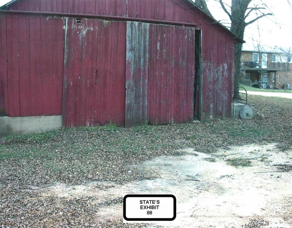 The red shed where Amy Mullis was found impaled on the corn rake. / Credit: Delaware County Court