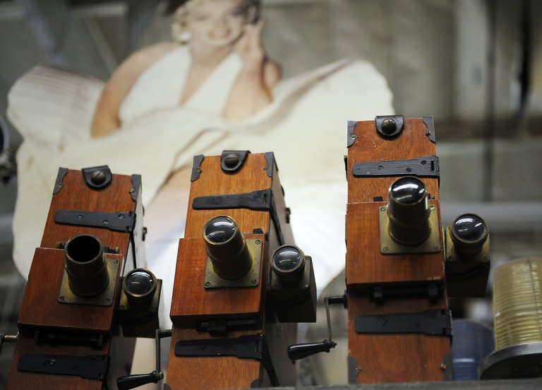 Replica vintage wooden hand crank movie cameras at the History for Hire prop house in North Hollywood, California on August 9, 2013. A ship's wheel here, a suitcase there -- Pam Elyea walks briskly through the aisles of her cavernous warehouse pointing at antiques she has rented out as props for Hollywood movies