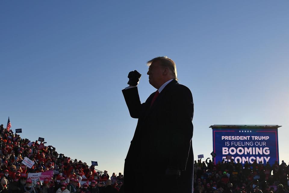President Donald Trump leads a campaign rally at Green Bay Austin Straubel International Airport in Wisconsin on Oct. 30.