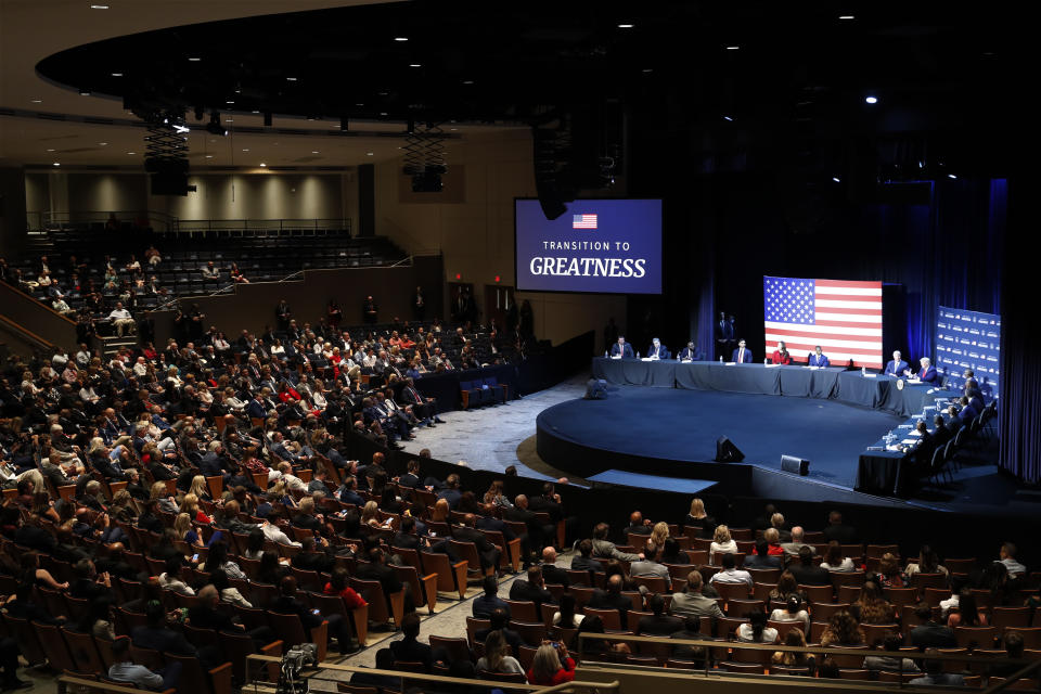 President Donald Trump speaks during a roundtable discussion about "Transition to Greatness: Restoring, Rebuilding, and Renewing," at Gateway Church Dallas, Thursday, June 11, 2020, in Dallas.(AP Photo/Alex Brandon)