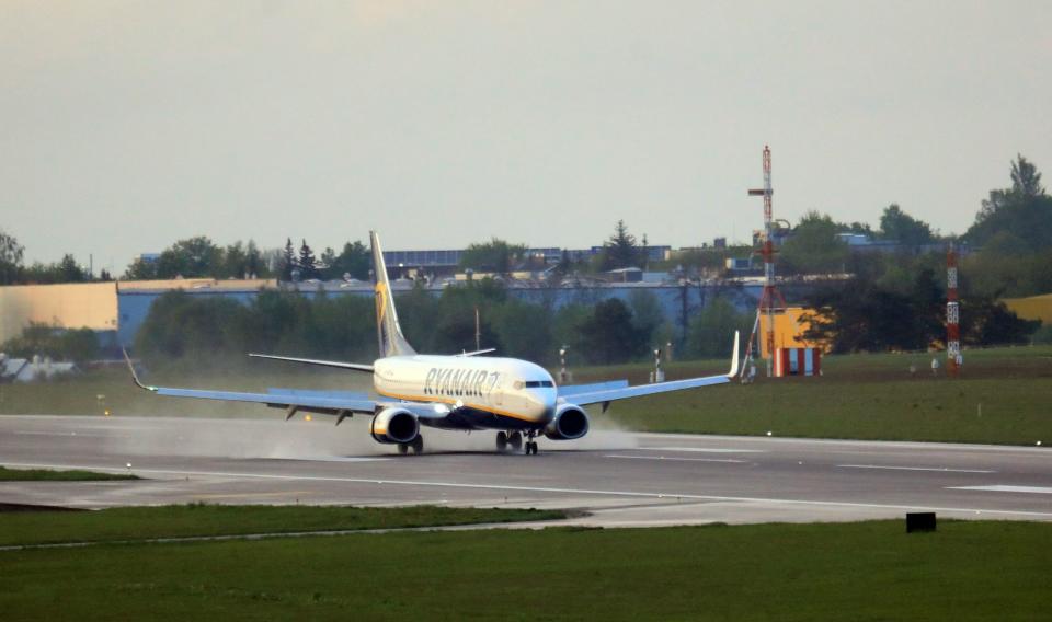 A photo taken on May 23, 2021 shows a Boeing 737-8AS Ryanair passenger plane.