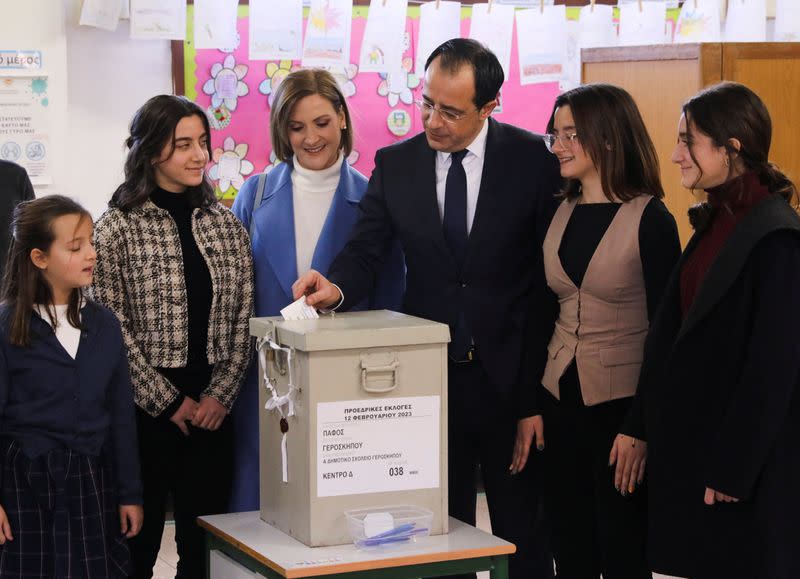 Presidential candidate Nikos Christodoulides during the second round of the presidential election in Geroskipou near Paphos