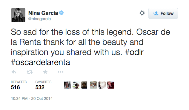 “A toast to the life of Oscar de la Renta; we owe him our elegance.”