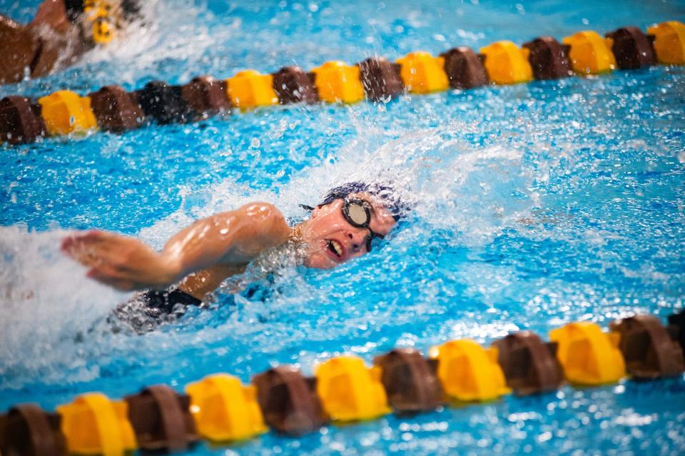 Lourdes' Katie Skerritt competes in the first heat of the 50 meter freestyle during the Kingston and Our Lady of Lourdes girls swim meet at Kingston High School in Kingston, NY on Tuesday, October 10, 2023. KELLY MARSH/FOR THE POUGHKEEPSIE JOURNAL