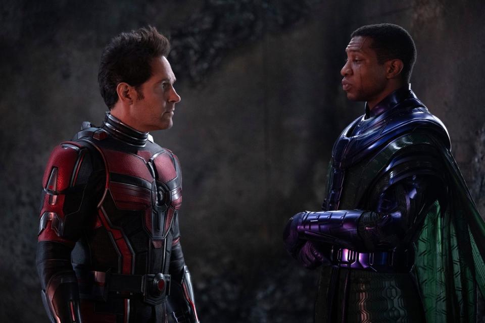 This image released by Disney shows Paul Rudd, left, and Jonathan Majors in a scene from Ant-Man and The Wasp: Quantumania (© 2022 MARVEL.)