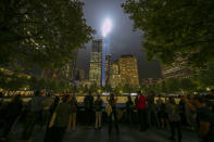 <p>The Tribute in Light rises above the New York City skyline from the National September 11 Memorial & Museum on Sept. 11, 2018. (Photo: Gordon Donovan/Yahoo News) </p>