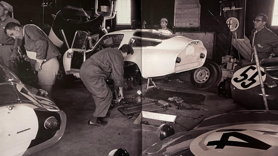 A photo of Scuderia Sant’Ambroeus Zagato–bodied Alfa Romeos being prepped for the 1964 12 Hours of Sebring, as shown in book "The Archaeological Automobile" by Miles C. Collier.