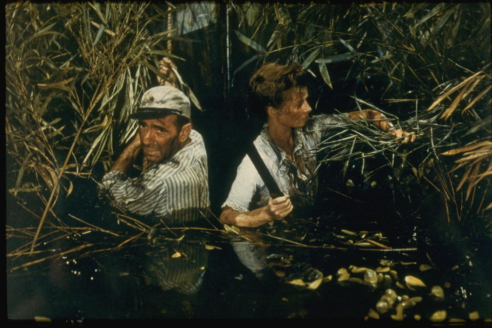 American actors Humphrey Bogart and Katharine Hepburn on the set of The African Queen, directed by John Huston. (Photo by United Artists/Sunset Boulevard/Corbis via Getty Images)