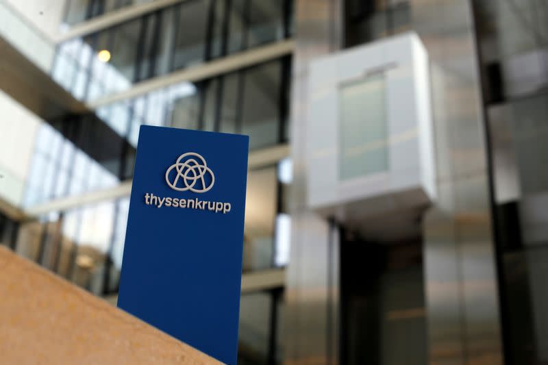 FILE PHOTO: The logo of Thyssenkrupp is seen near elevators in its headquarters in Essen