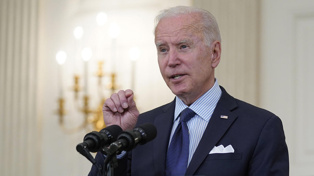 President Joe Biden speaks about the COVID-19 vaccination program, in the State Dining Room of the White House on May 4, 2021, in Washington. (Evan Vucci/AP)