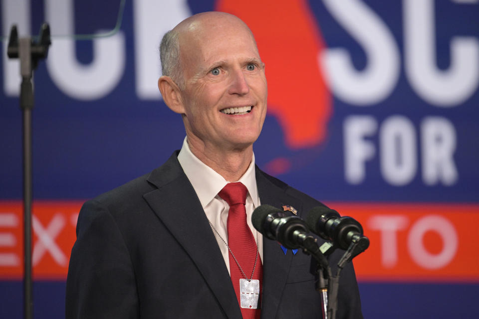 FILE - Sen. Rick Scott, R-Fla., addresses attendees at the Republican Party of Florida Freedom Summit, Nov. 4, 2023, in Kissimmee, Fla. Democrats hoping to hold their slim Senate majority after November 2024 are looking for upsets in two unlikely places, Texas and Florida, to help neutralize potential setbacks elsewhere. In 2018, Scott won his seat by around 10,000 votes out of 8.1-plus million cast. (AP Photo/Phelan M. Ebenhack, File)