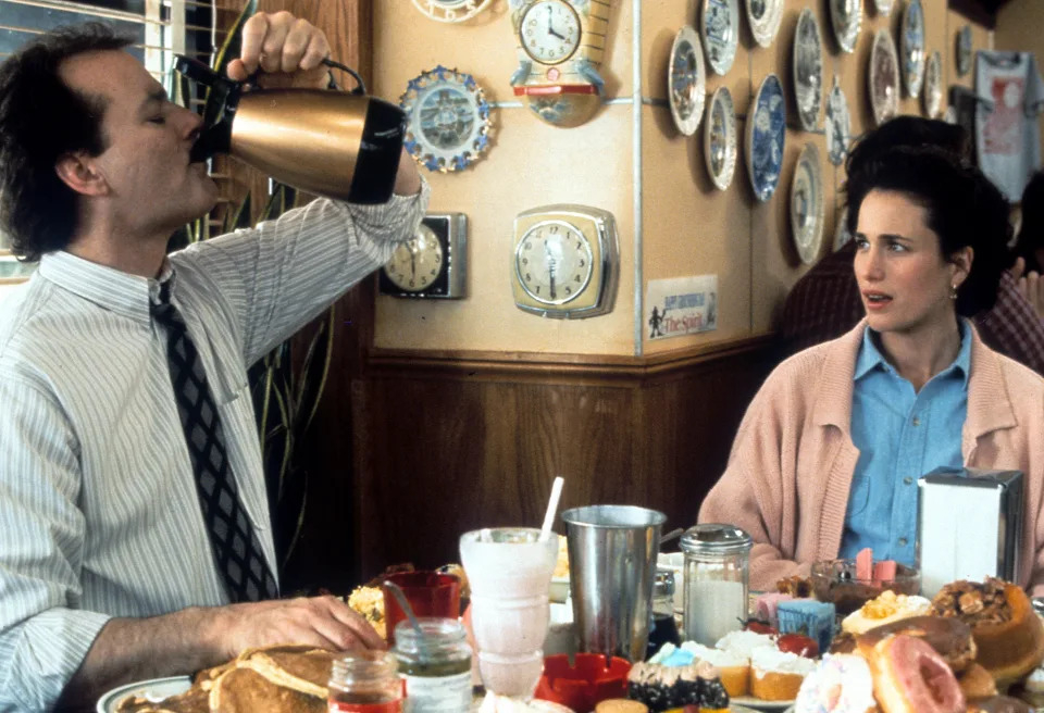 Bill Murray and Andie MacDowell successful  a country   from the movie  &#39;Groundhog Day&#39;, directed by Harold Ramis, 1993. (Photo by Columbia Pictures/Getty Images)