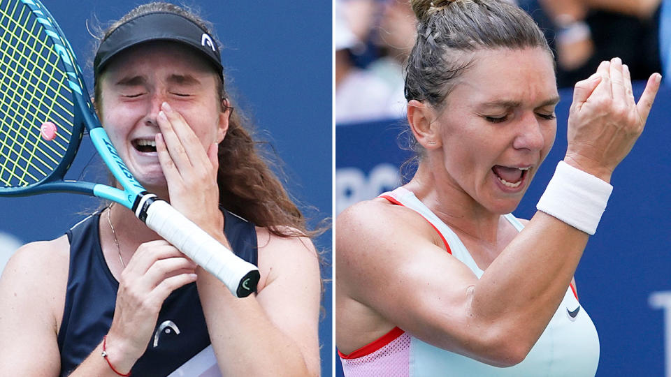 Pictured left, Ukrainian qualifier Daria Snigur breaks down after beating Simona Halep at the US Open.